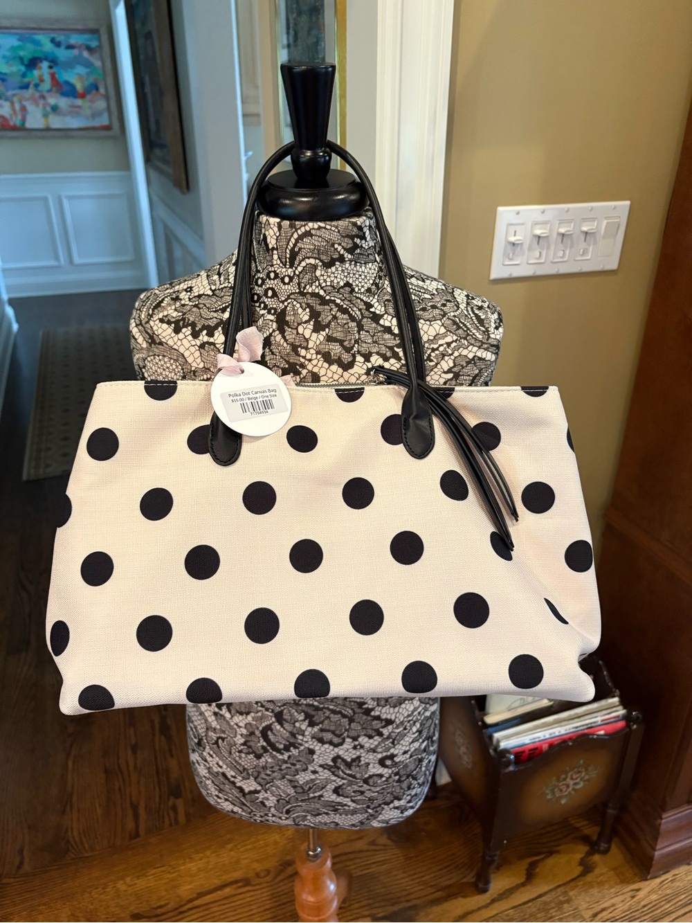 Cream Color Polka Dot Canvas Bag - NWT